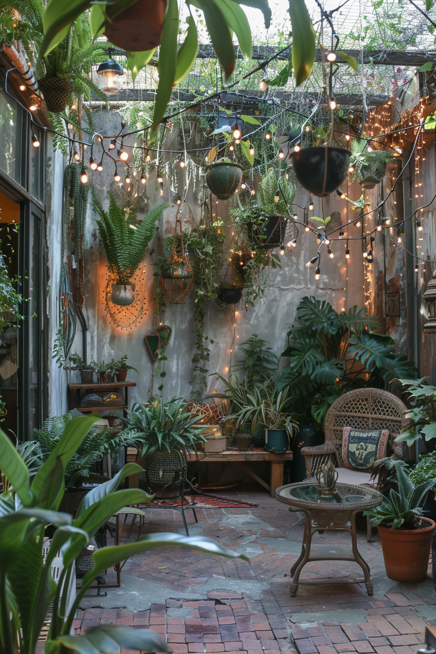 Cozy outdoor patio filled with potted plants and string lights, featuring a wicker chair and a vintage vibe.