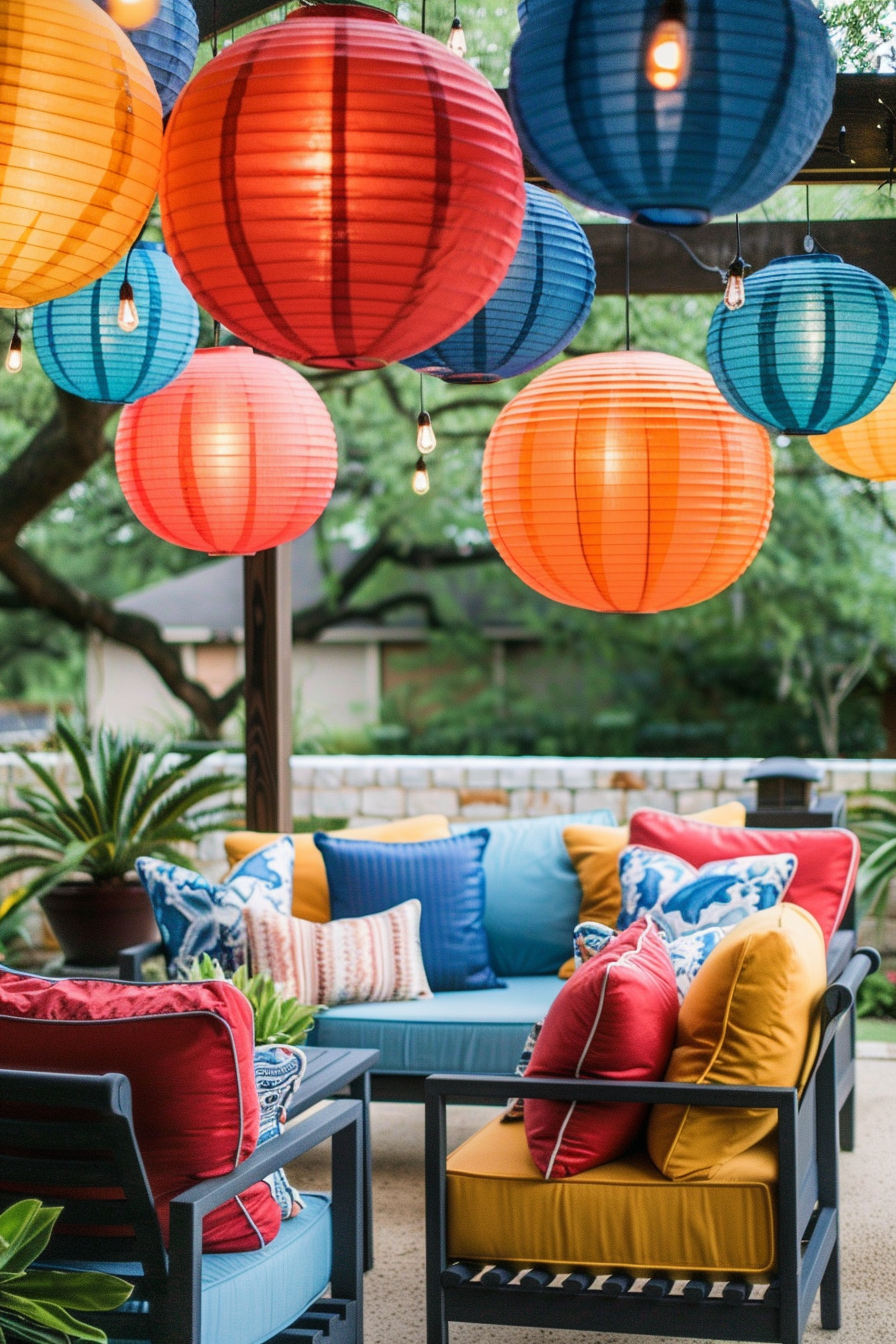Colorful paper lanterns hanging above an outdoor seating area with blue and yellow cushioned furniture and decorative pillows.