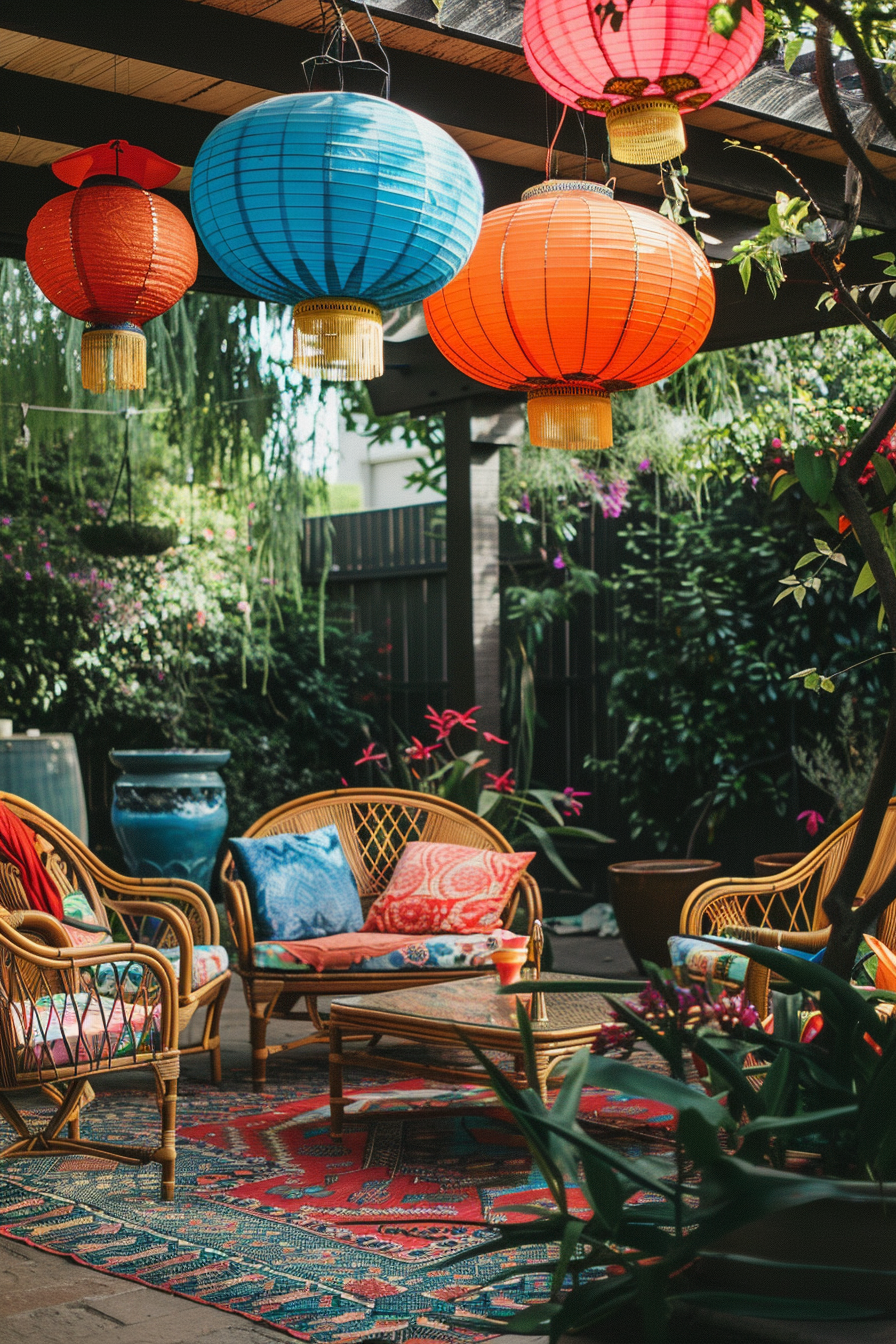 Colorful paper lanterns hanging above rattan furniture with patterned cushions on a vibrant outdoor rug, surrounded by lush greenery.