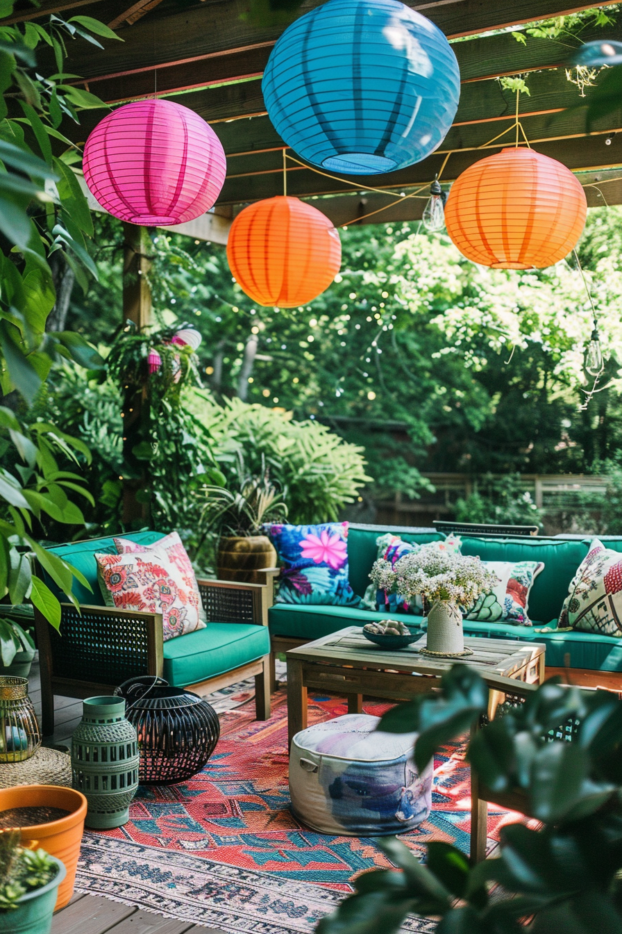 A cozy outdoor seating area with colorful paper lanterns, vibrant cushions on green sofas, patterned rug, and lush greenery surrounding.