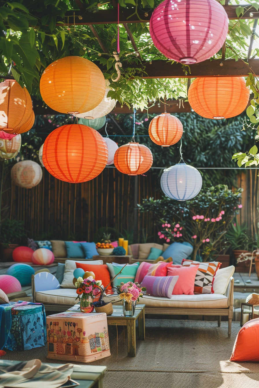 Colorful paper lanterns hanging above a cozy outdoor seating area with vibrant cushions and flowers.