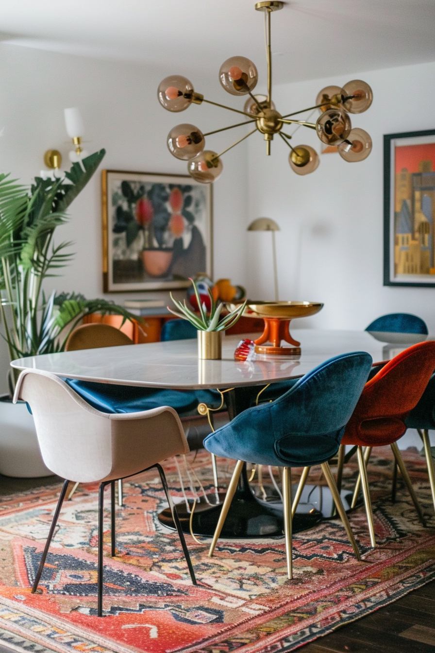 Elegant dining room with a mid-century modern flair, featuring colorful chairs, a stylish chandelier, and vibrant artwork.