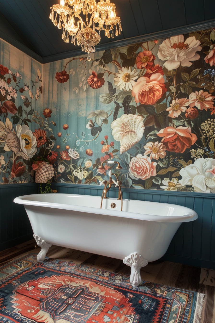 Elegant bathroom with a clawfoot tub, floral wall mural, ornate chandelier, and patterned rug on wooden flooring.