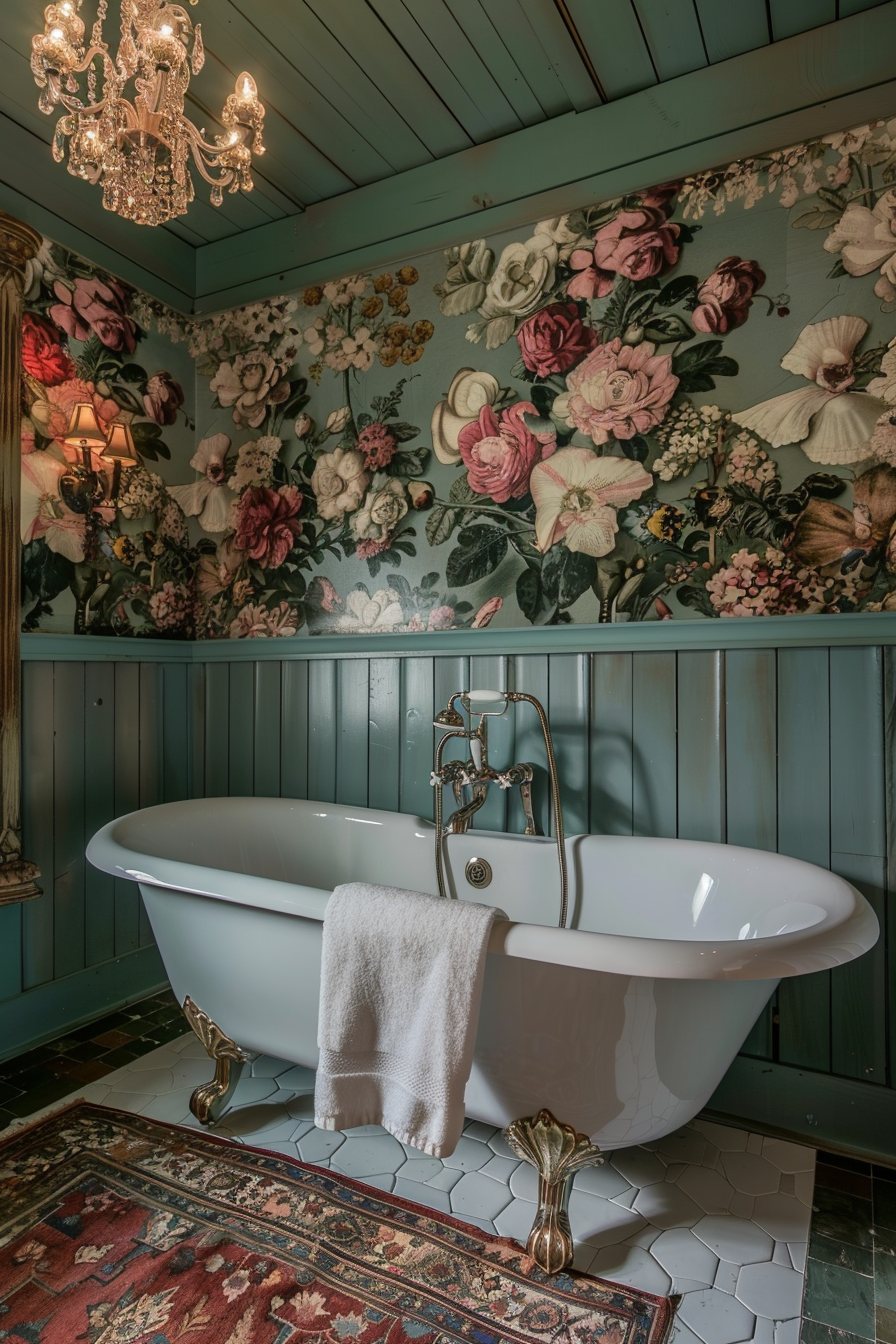 Elegant vintage bathroom with a freestanding claw-foot bathtub, floral wallpaper, ornate chandelier, and a patterned rug.