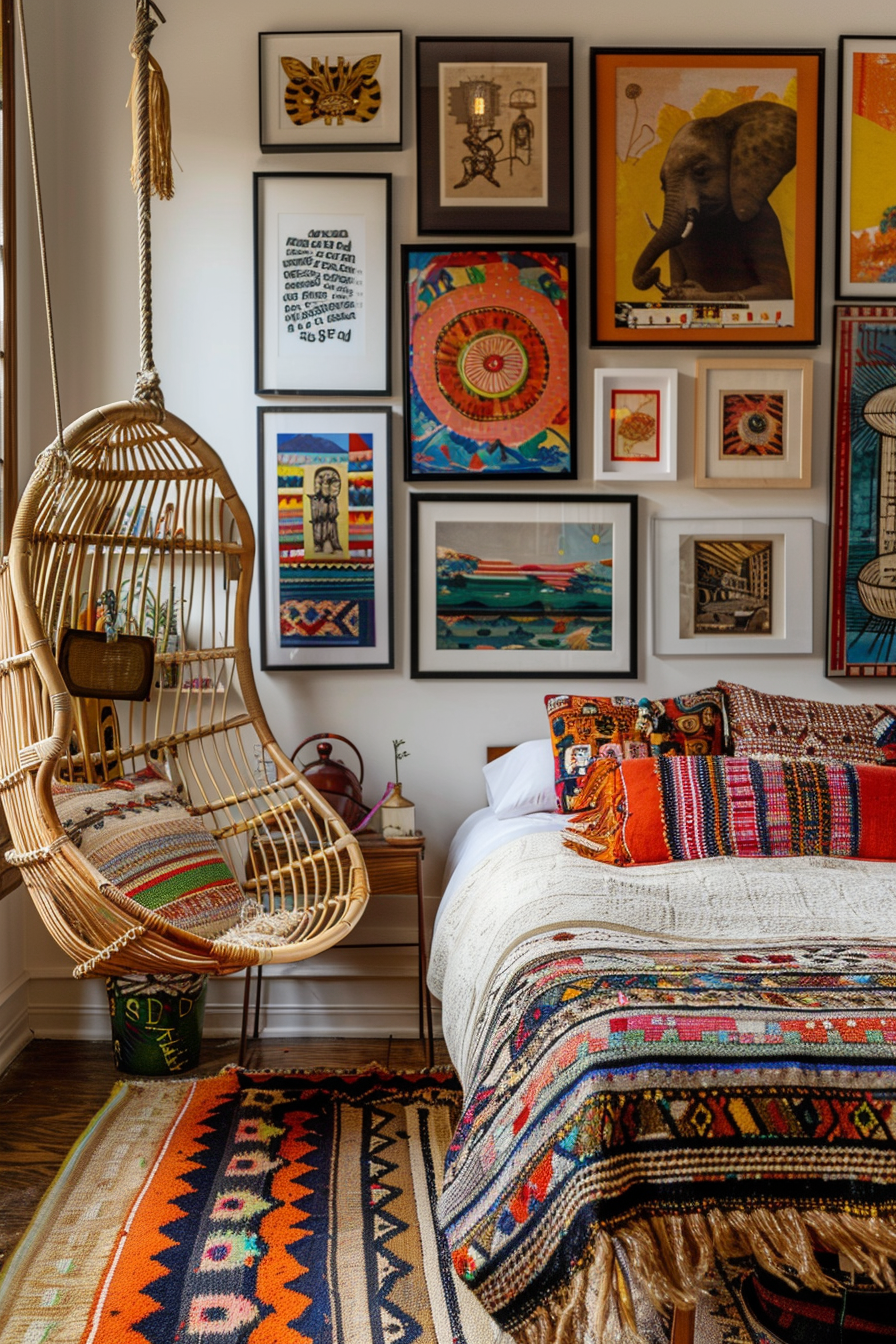 A cozy bedroom with a hanging wicker chair, colorful tapestries, eclectic wall art collection, and patterned bedding and rugs.