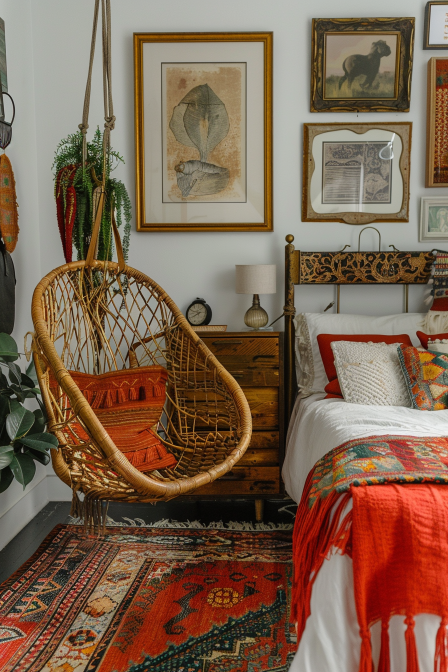 A cozy bedroom with a hanging rattan chair, colorful bedding, rustic wooden furniture, assorted framed art, and lush plants.