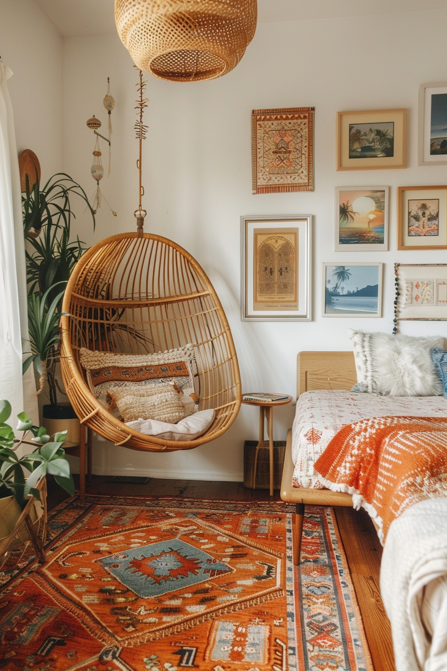 Cozy bohemian-style bedroom with a hanging rattan chair, woven light fixture, vibrant rugs, and a mix of textured pillows.