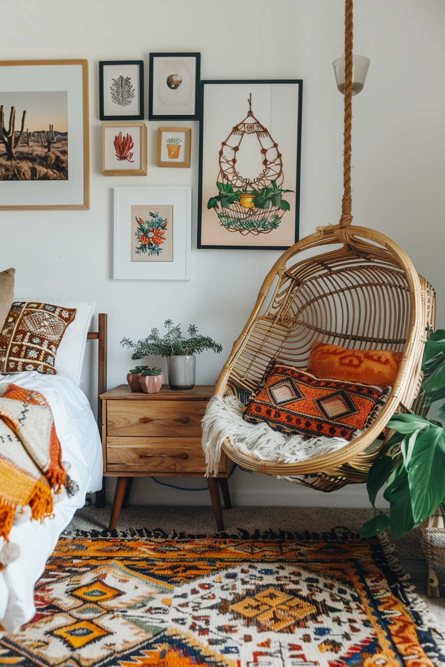 Cozy bohemian-style room with a hanging rattan chair, patterned textiles, and gallery wall of botanical art.