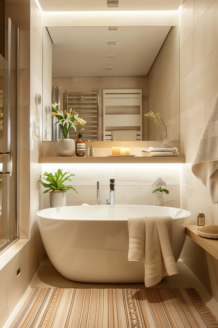 A modern bathroom with a freestanding tub, warm lighting, beige tiles, and decorative plants on the countertop.