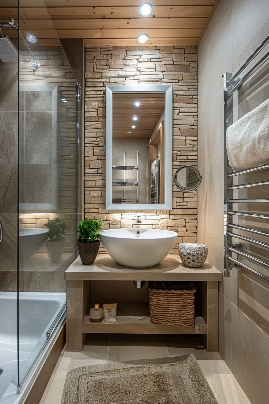 Modern bathroom interior with stone wall design, vessel sink, large mirror, glass shower, and wooden accents.