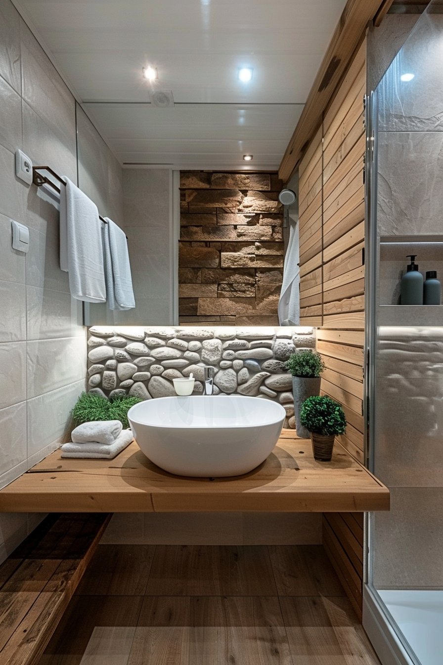 ALT: Modern bathroom with wooden accents, stone wall, and a free-standing basin on a wooden countertop, flanked by green plants and towels.