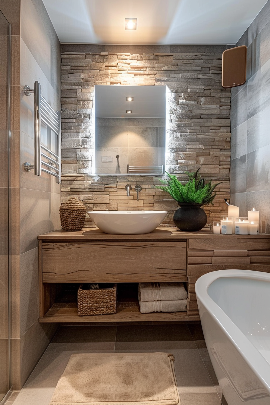 Modern bathroom interior with stone wall texture, vessel sink, large mirror, and freestanding bathtub.