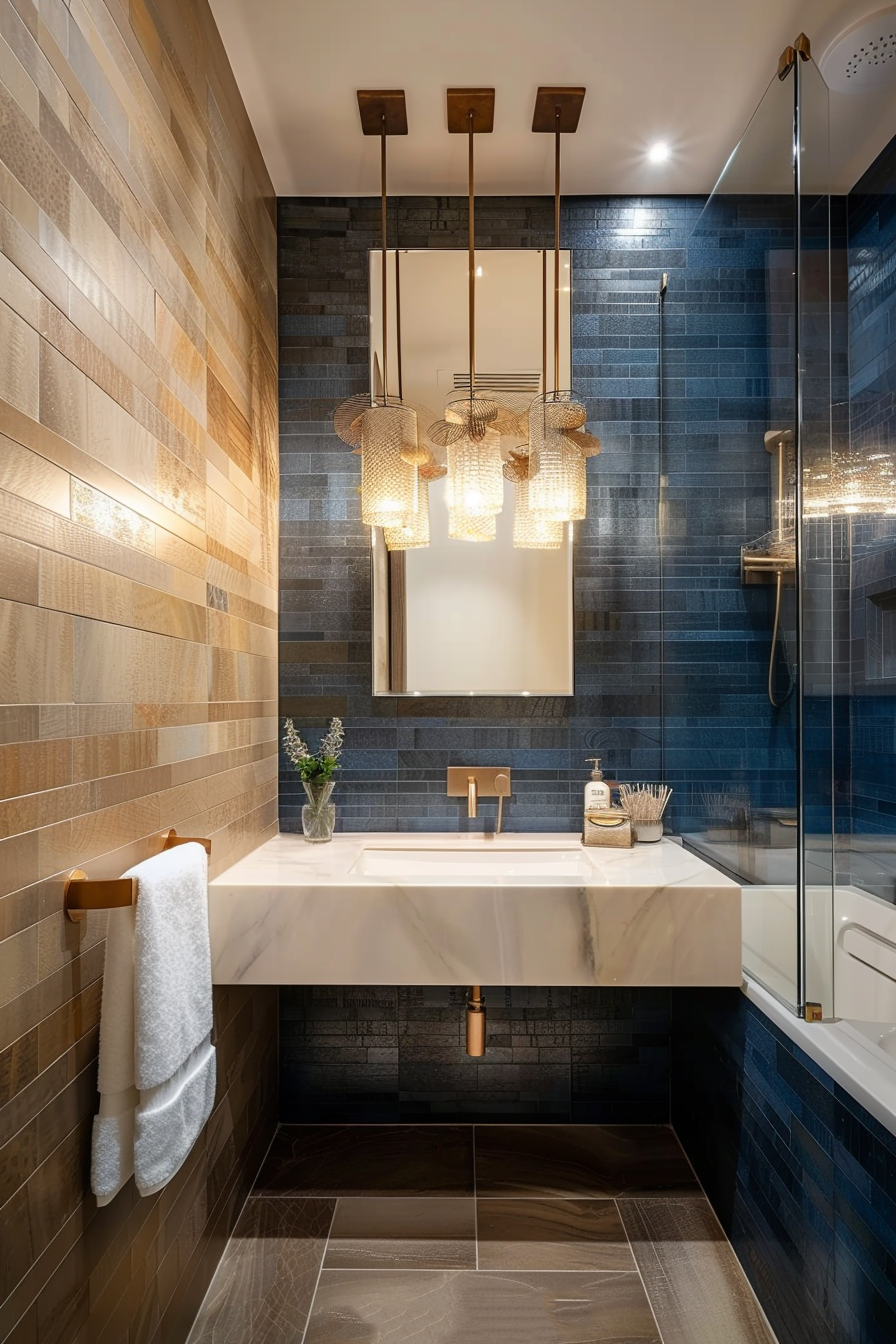 Modern bathroom interior with contrasting tile walls, a white sink, elegant pendant lights, and a walk-in shower.