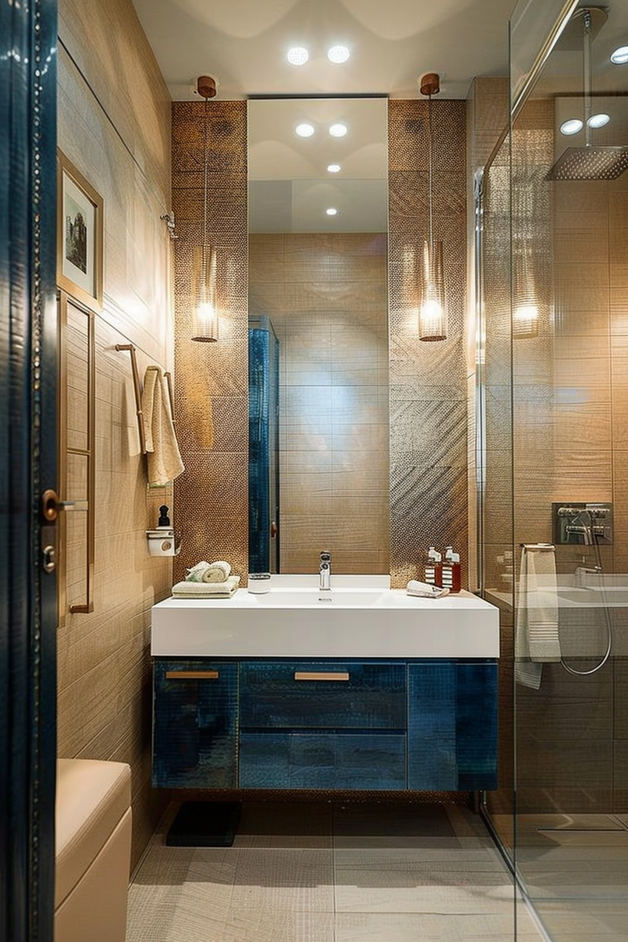 Modern bathroom interior with beige tiles, blue vanity cabinet, glass shower, and mirrored wall.