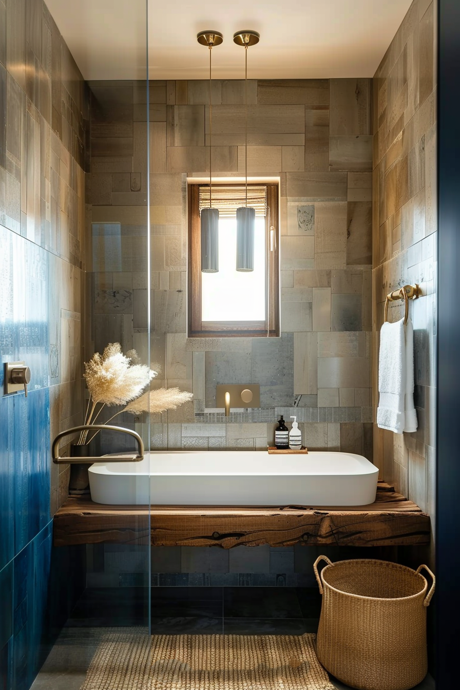 Modern bathroom with a freestanding tub on a wooden shelf, tiled walls, pendant lights, and a large mirror.