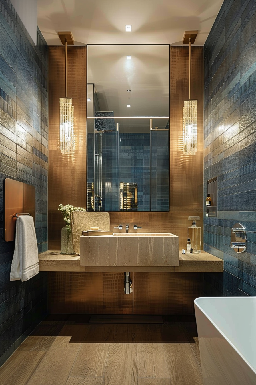 Modern bathroom interior with wooden elements, rectangular sink, large mirror, glass shower, and pendant lights.