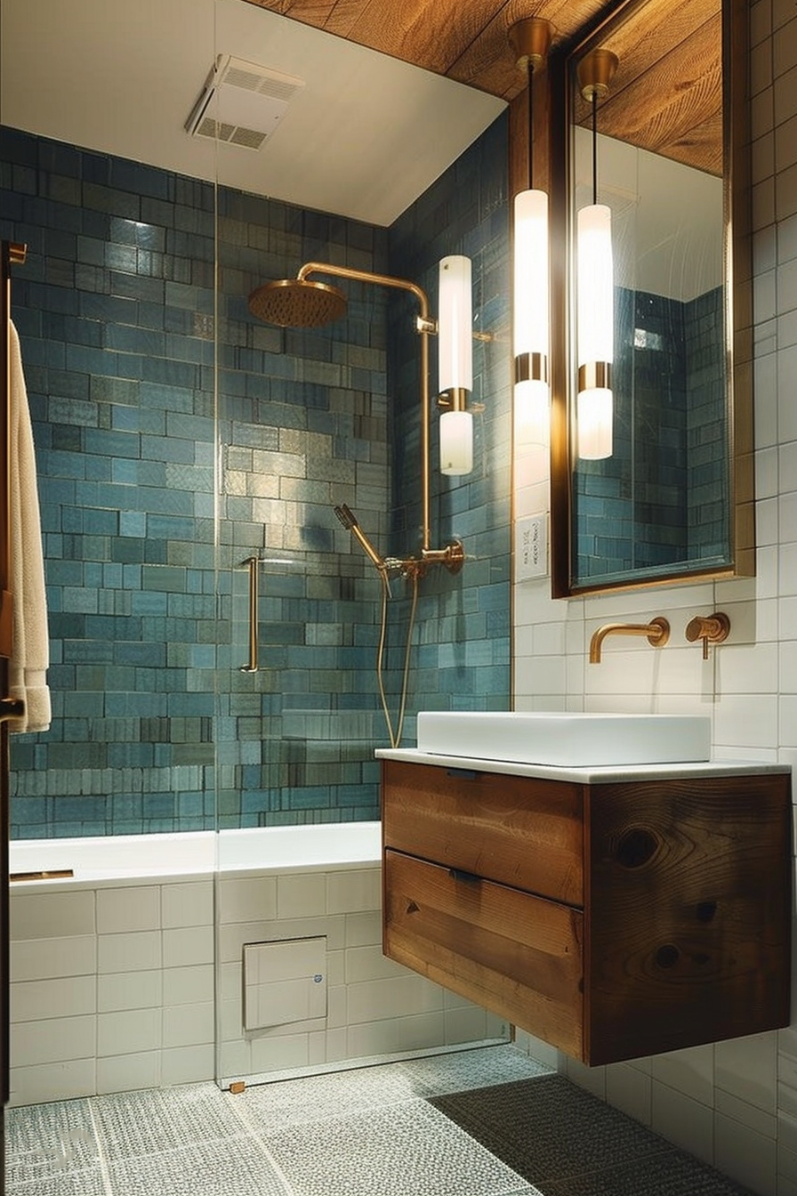 Modern bathroom with blue tile shower, wooden vanity with rectangular sink, and vertical light fixtures.