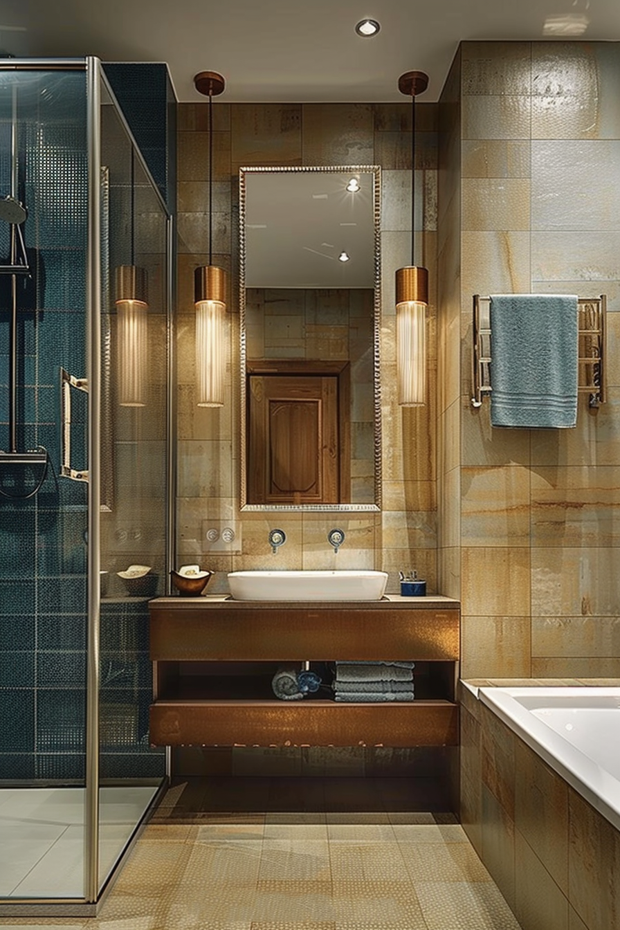 Modern bathroom interior with glass shower, wooden fixtures, rectangular mirror, pendant lights, and a white bathtub.