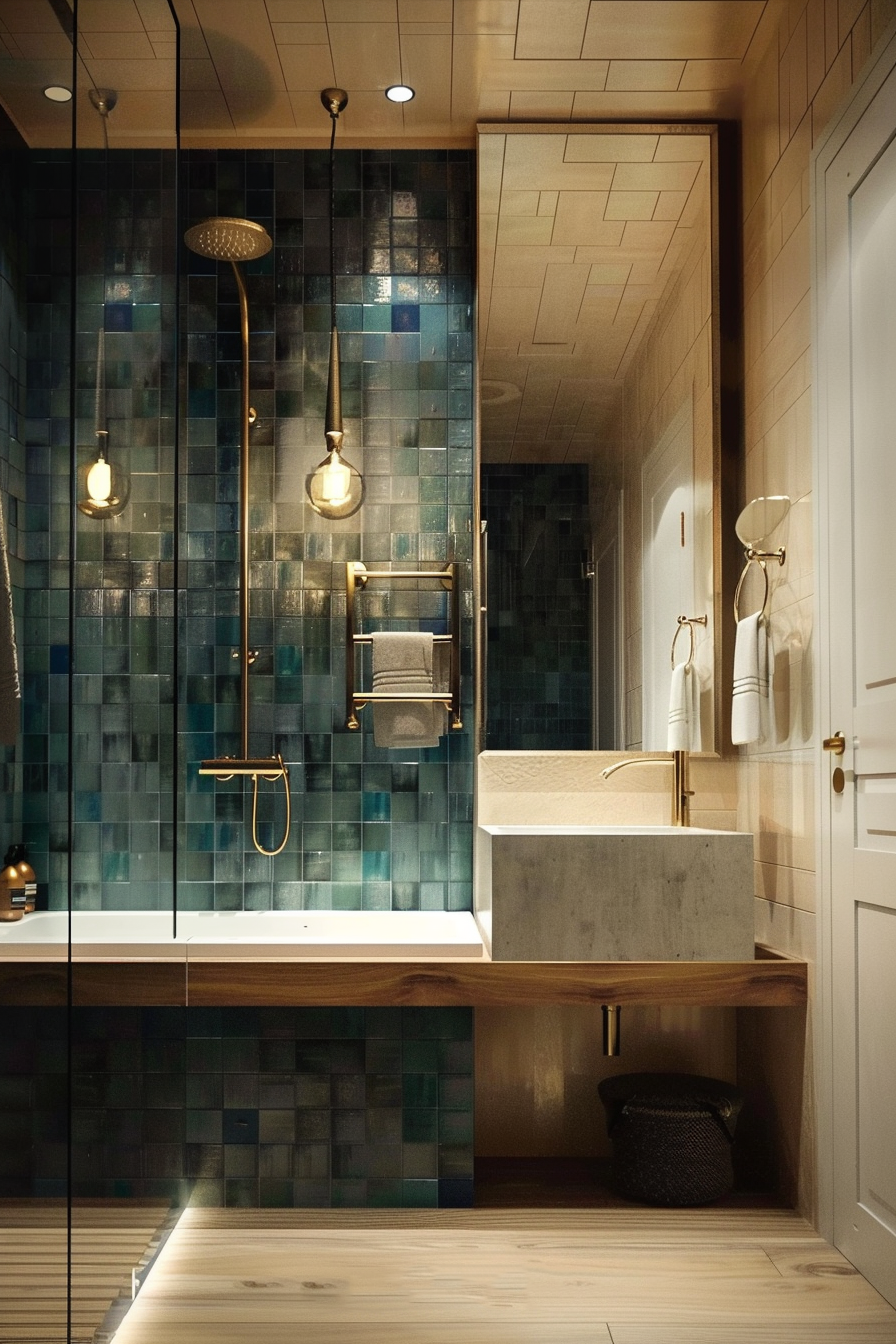 Contemporary bathroom with a teak vanity, concrete basin, bronze fixtures, and blue tile in the shower area.
