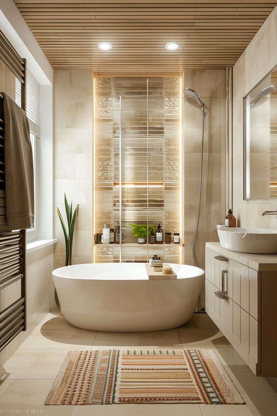 Modern bathroom with a freestanding tub, walk-in shower, wooden accents, and a patterned rug.
