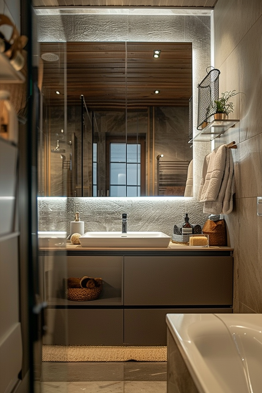 Modern bathroom interior with wooden ceiling, glass shower enclosure, vanity with sink, and decorative items.
