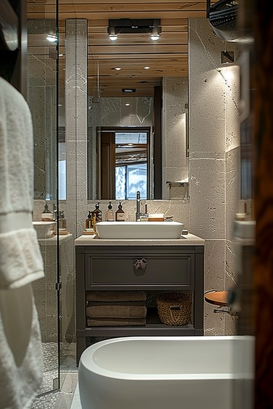 Alt text: A contemporary bathroom with a freestanding bathtub, wooden ceiling, glass shower stall, and vanity with a large mirror.