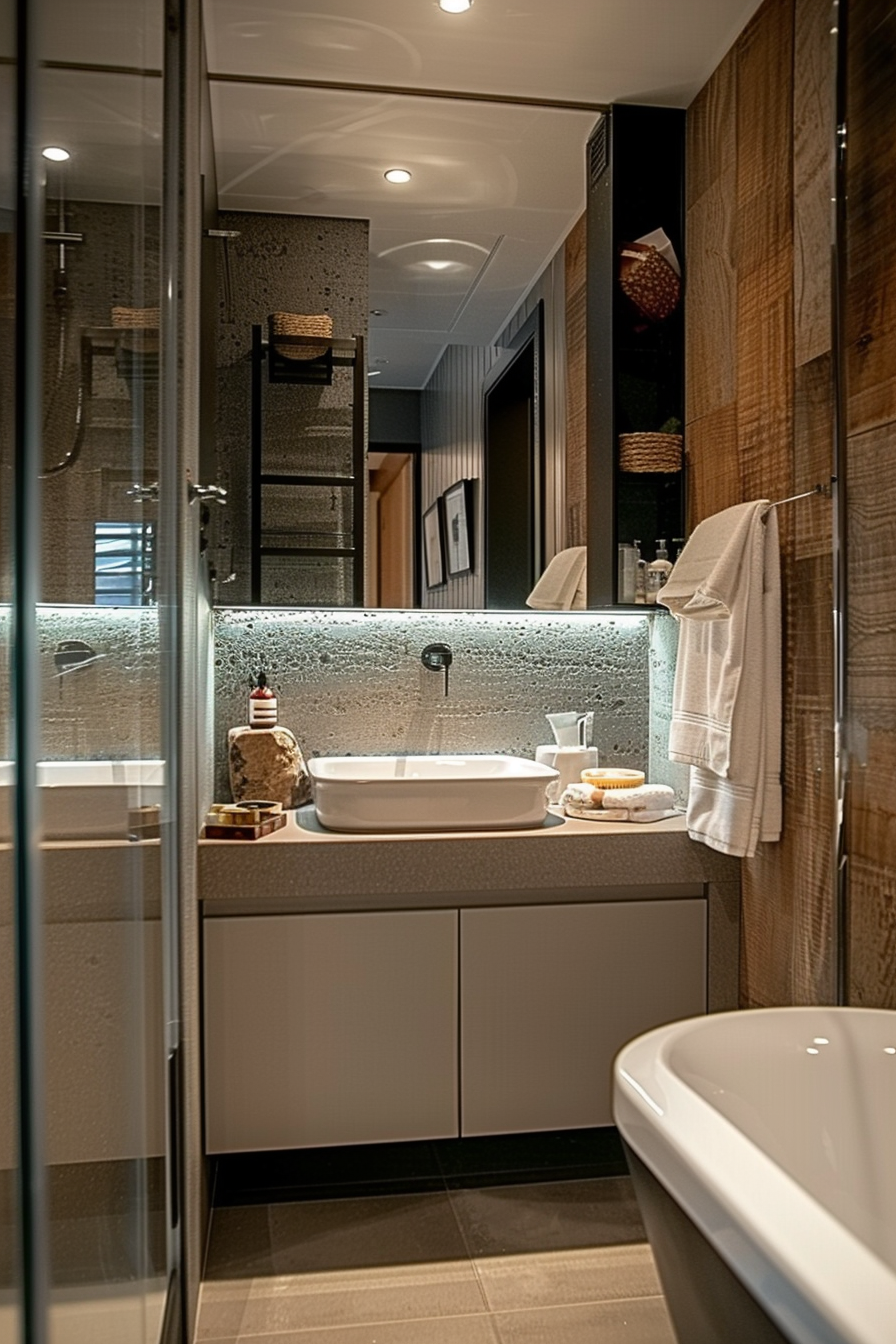 Modern bathroom interior with a glass shower, a vessel sink on a vanity, wooden accents, and plush towels.