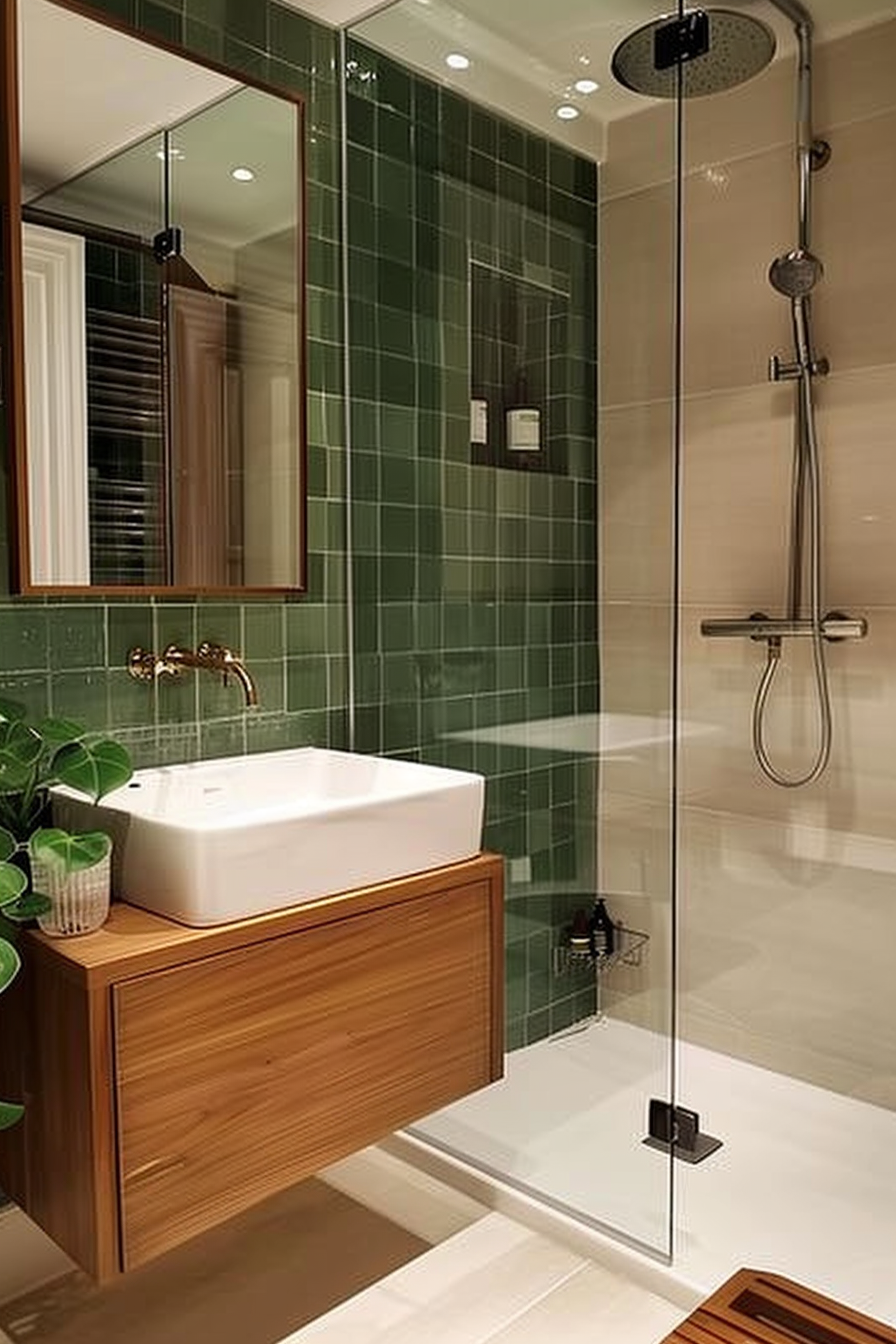 Modern bathroom with green tiles, glass shower, wooden vanity with a white basin, and a wall-mounted faucet.