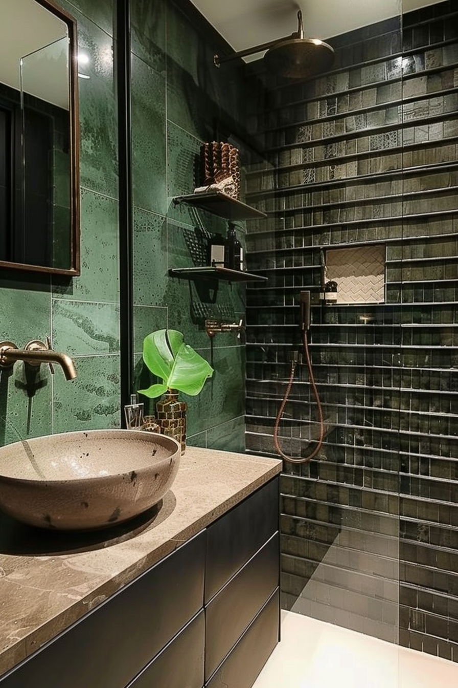 Modern bathroom with green subway tiles, vessel sink, bronze fixtures, and a rain shower head.