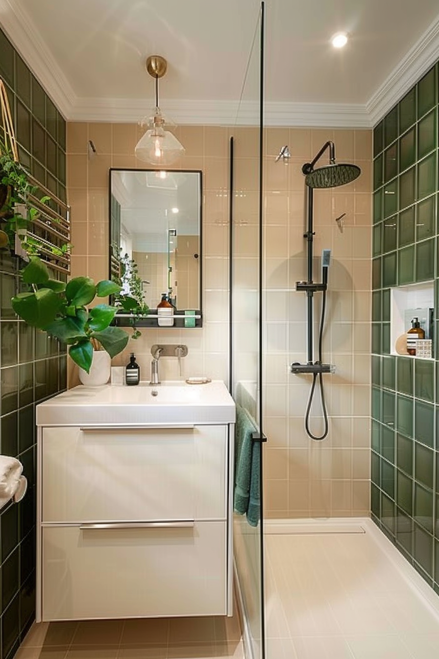 Modern bathroom interior with green tiles, glass shower partition, white vanity cabinet, and brass fixtures.