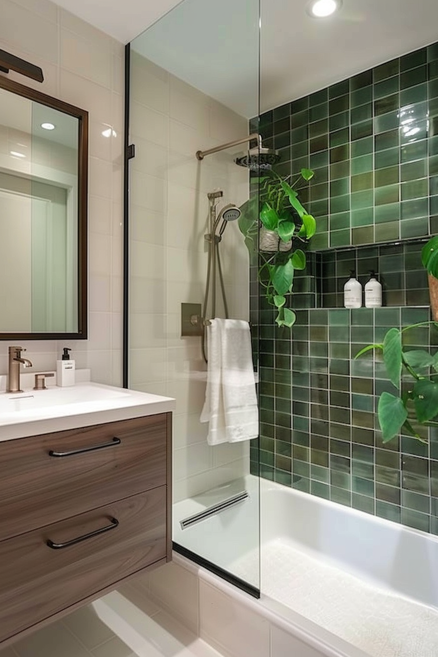 Modern bathroom with glass shower enclosure, green tiled wall, white sink, and potted plants.
