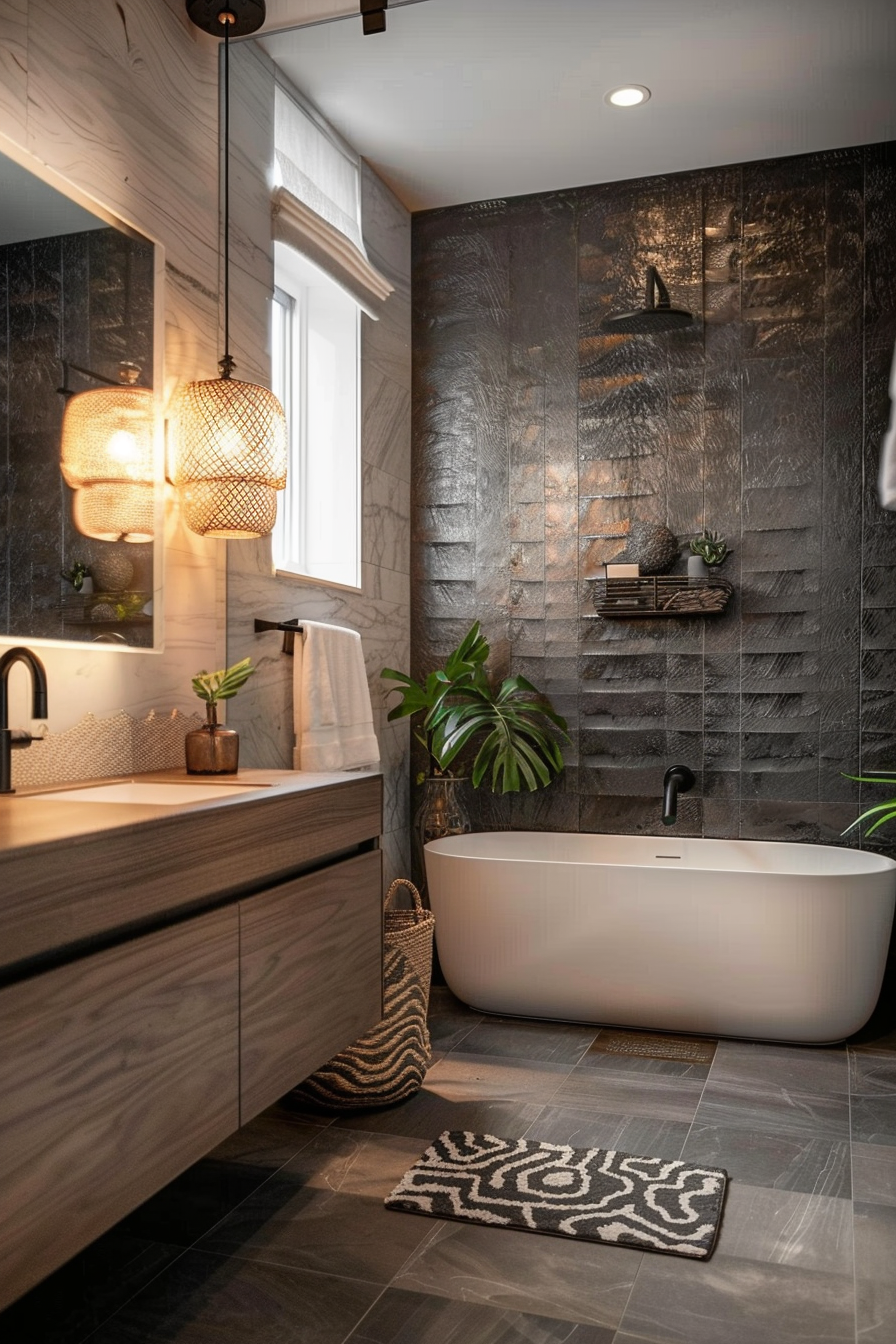 Modern bathroom with textured dark tiles, freestanding tub, wooden vanity, and decorative pendant lights.
