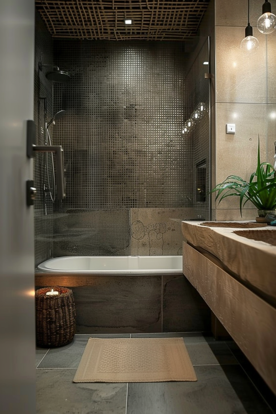 Modern bathroom interior with mosaic tile walls, a bathtub/shower combo, wooden vanity, and hanging pendant lights.