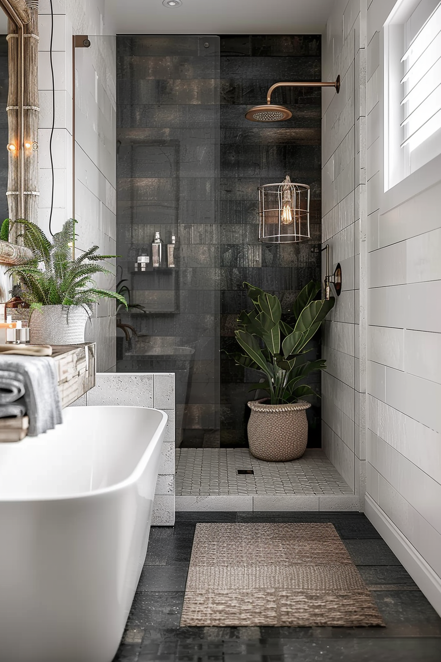 Modern bathroom interior with free-standing tub, walk-in shower, hanging lights, and green plants.