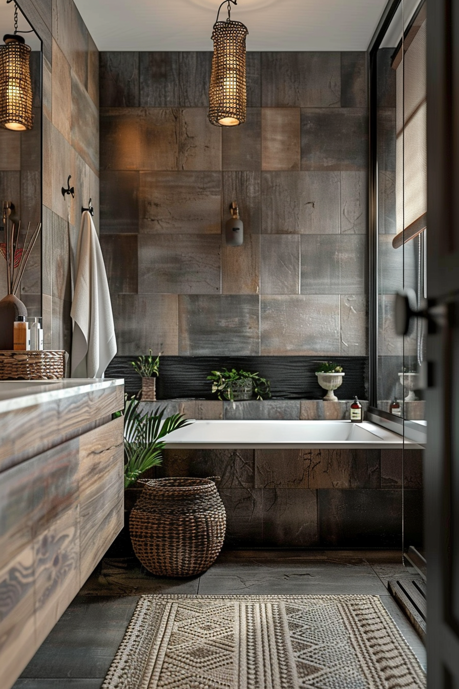 Modern bathroom interior with textured gray tiles, wooden accents, hanging pendant lights, and a bathtub with green plants.
