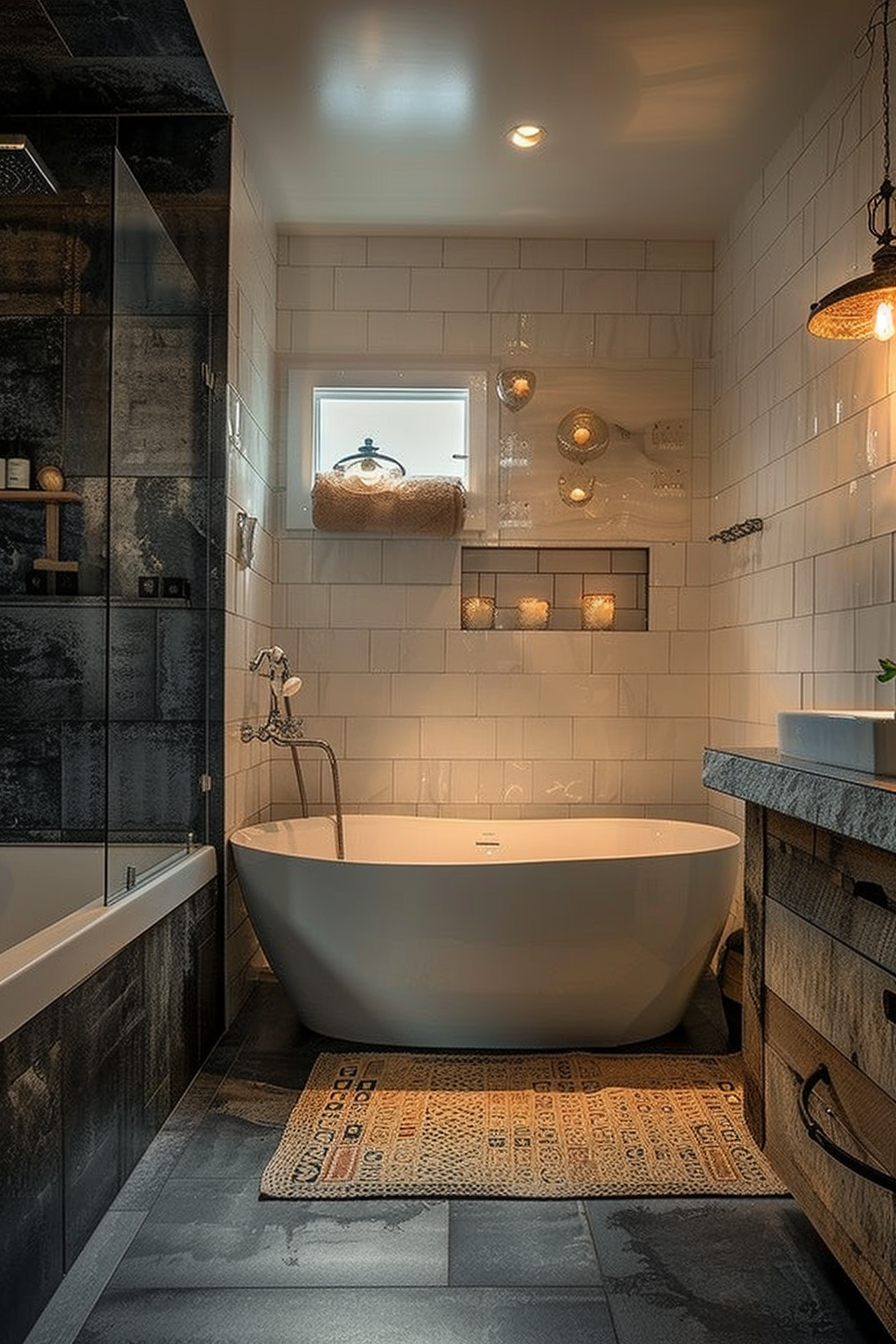 Modern bathroom with a standalone tub, walk-in shower, and warm lighting.