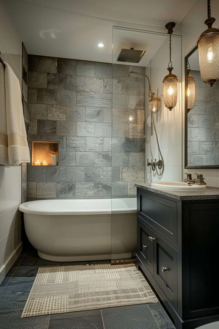 Elegant bathroom with stone tile walls, glass-walled shower, freestanding tub, black vanity, and vintage light fixtures.