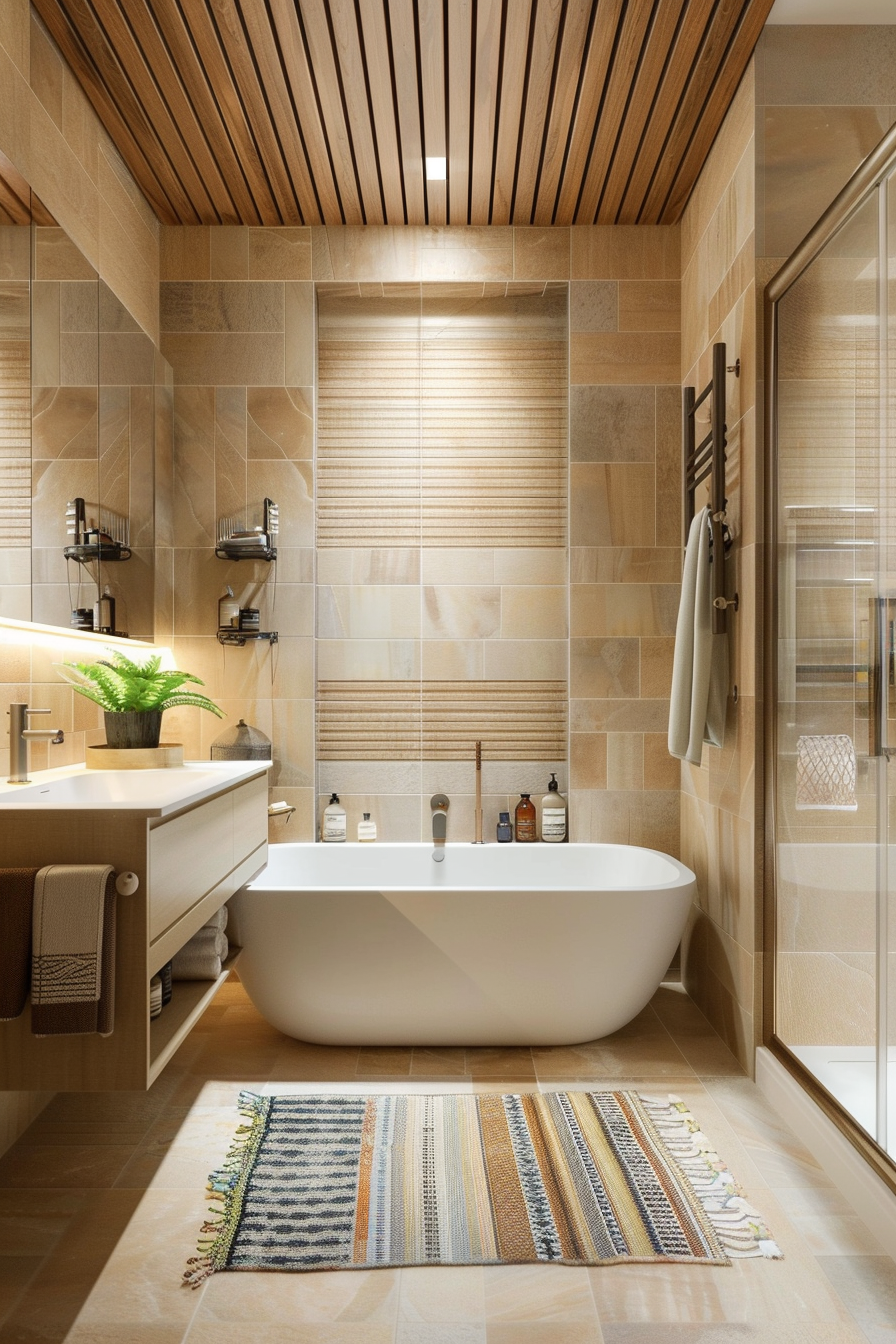 Modern bathroom interior with freestanding tub, tiled walls, wooden ceiling, and glass shower enclosure.