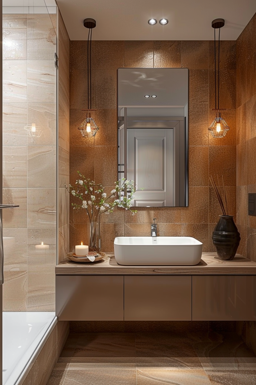 Modern bathroom with beige tiles, a wooden vanity with a white basin, pendant lights, and decorative elements like flowers and candles.