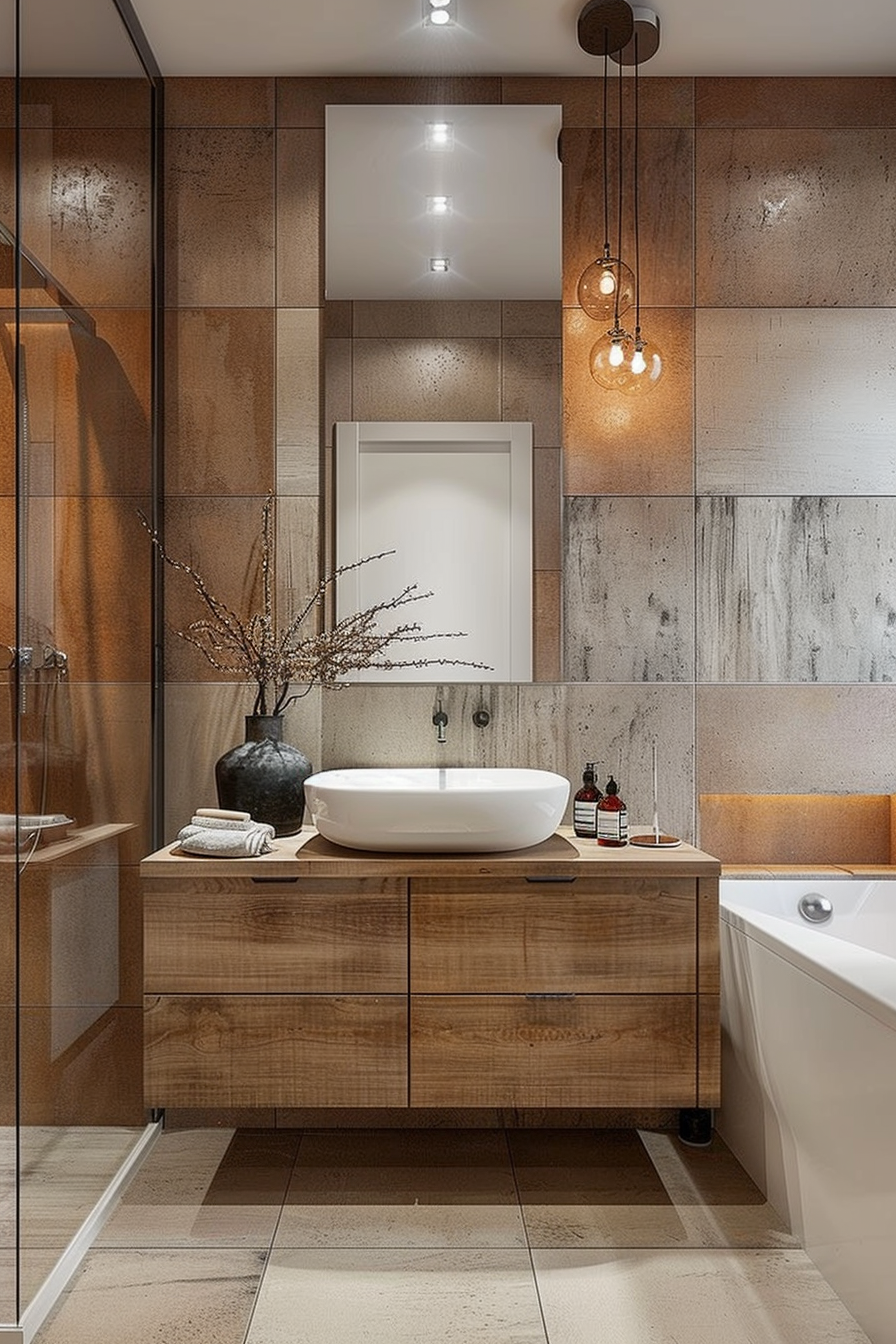 Modern bathroom interior with wooden vanity, vessel sink, mirror, and warm lighting.