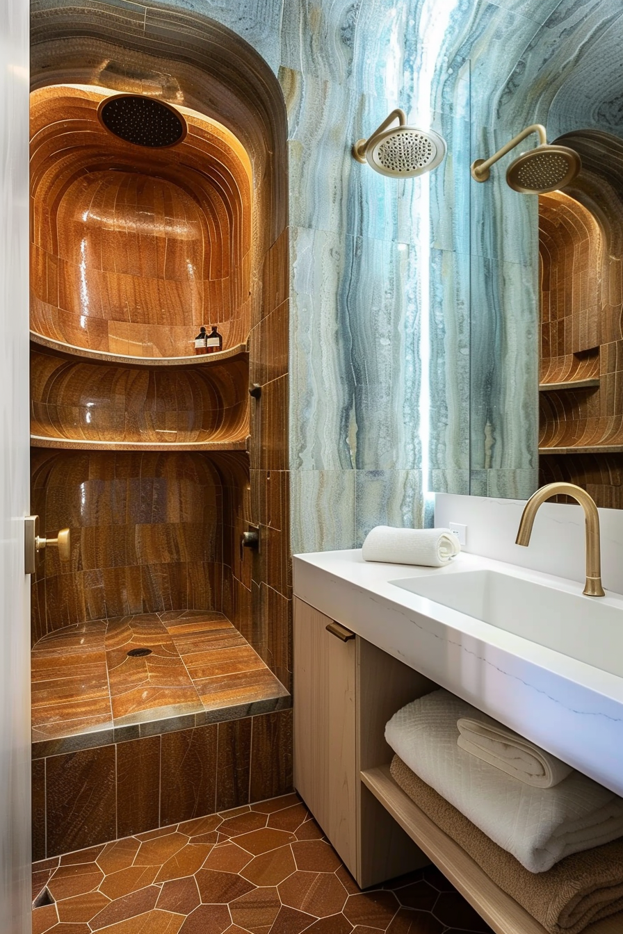 Luxurious bathroom with curved brown-tiled walls, a modern sink, and dual showerheads against a blue marbled backdrop.