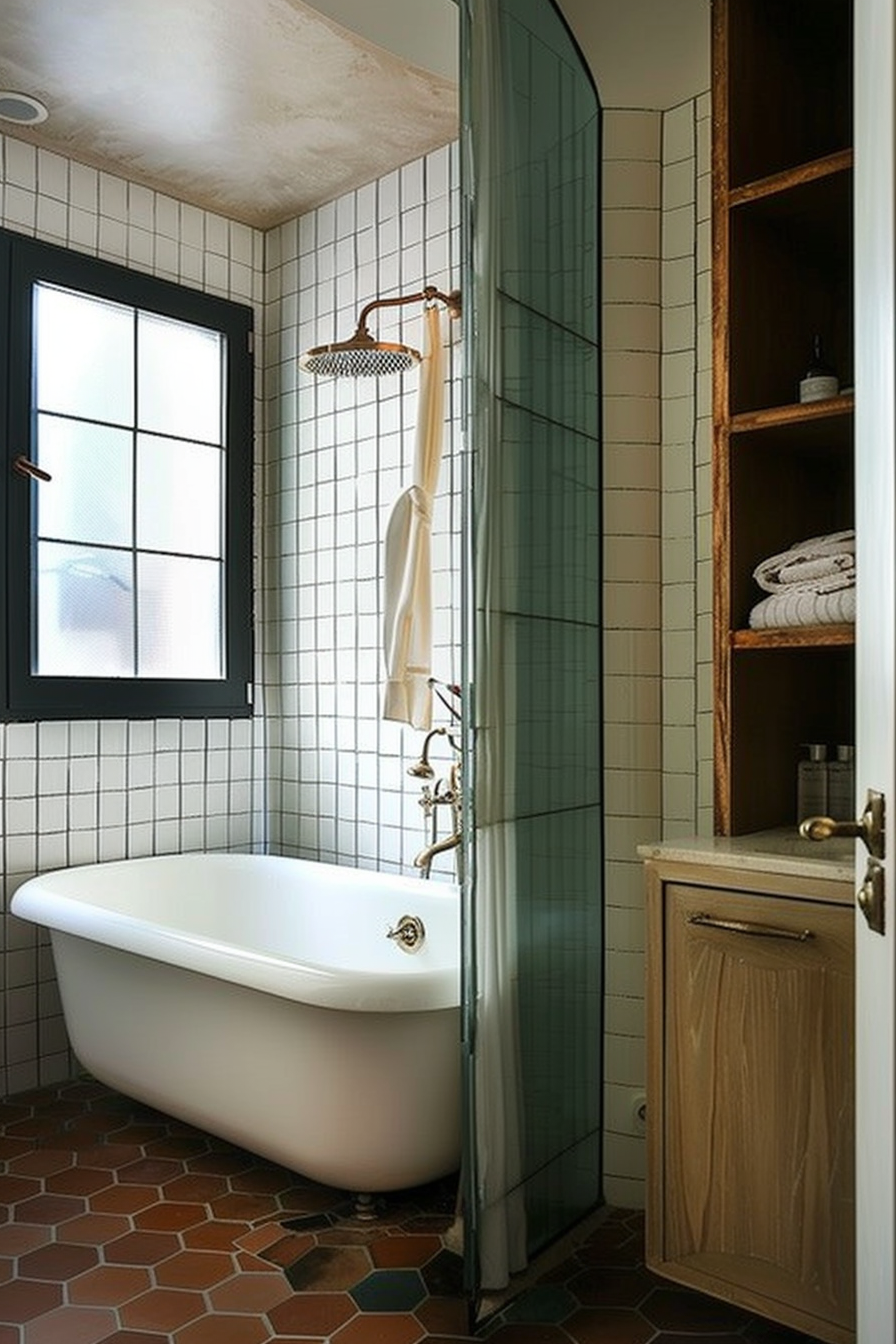ALT: A modern bathroom with terracotta hexagonal floor tiles, white freestanding tub, glass shower partition, and wooden shelving.