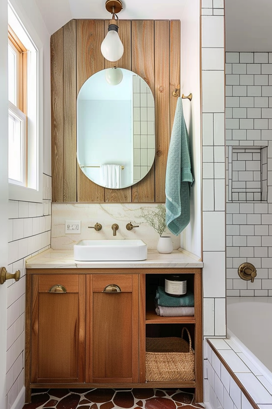 Modern bathroom interior with wood vanity, white basin, oval mirror, and white subway tiles.