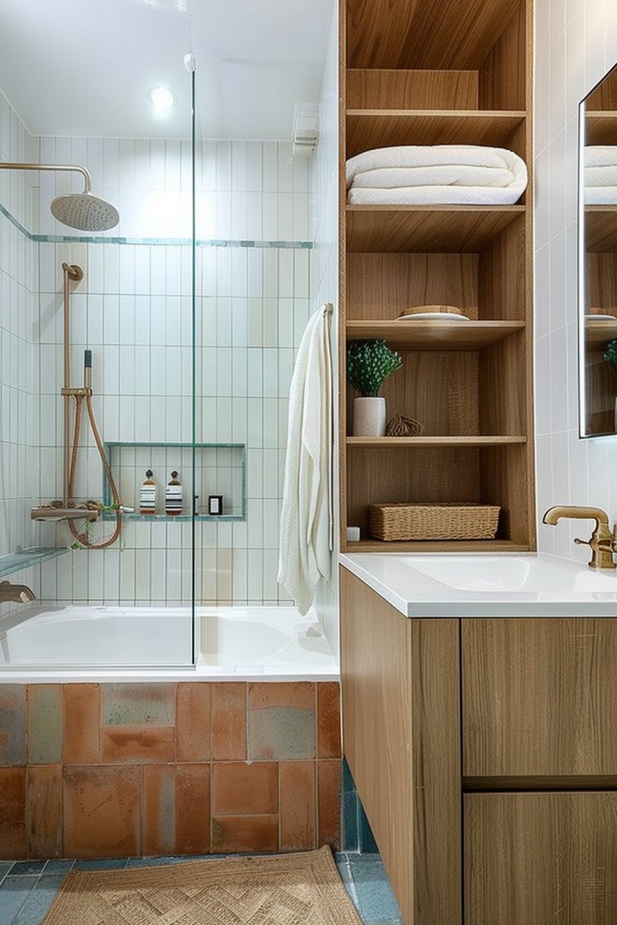 Modern bathroom interior with a glass shower, wooden shelves stacked with towels, and a vanity with a bronze faucet.