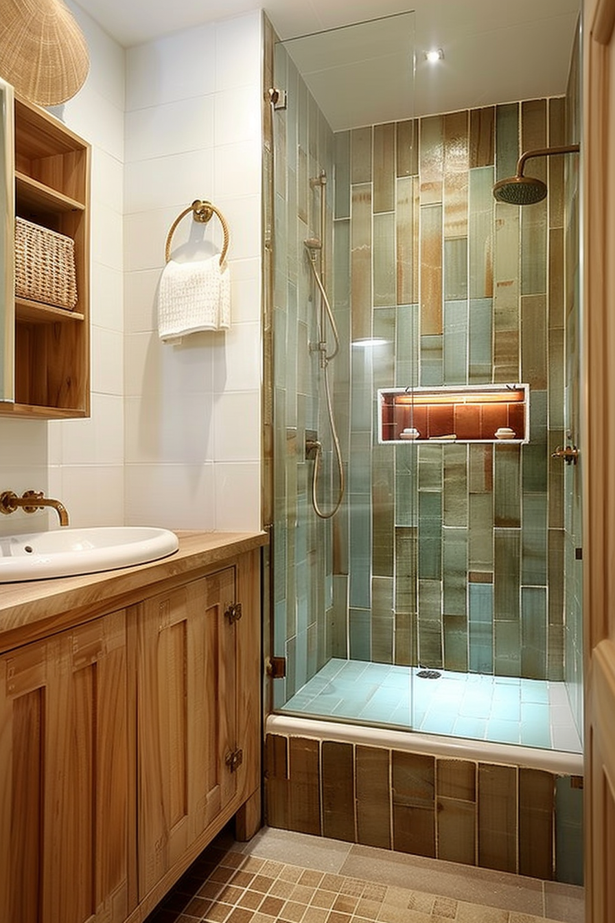 Modern bathroom with wooden vanity, round mirror, wicker pendant lamp, and walk-in shower with green tiles.
