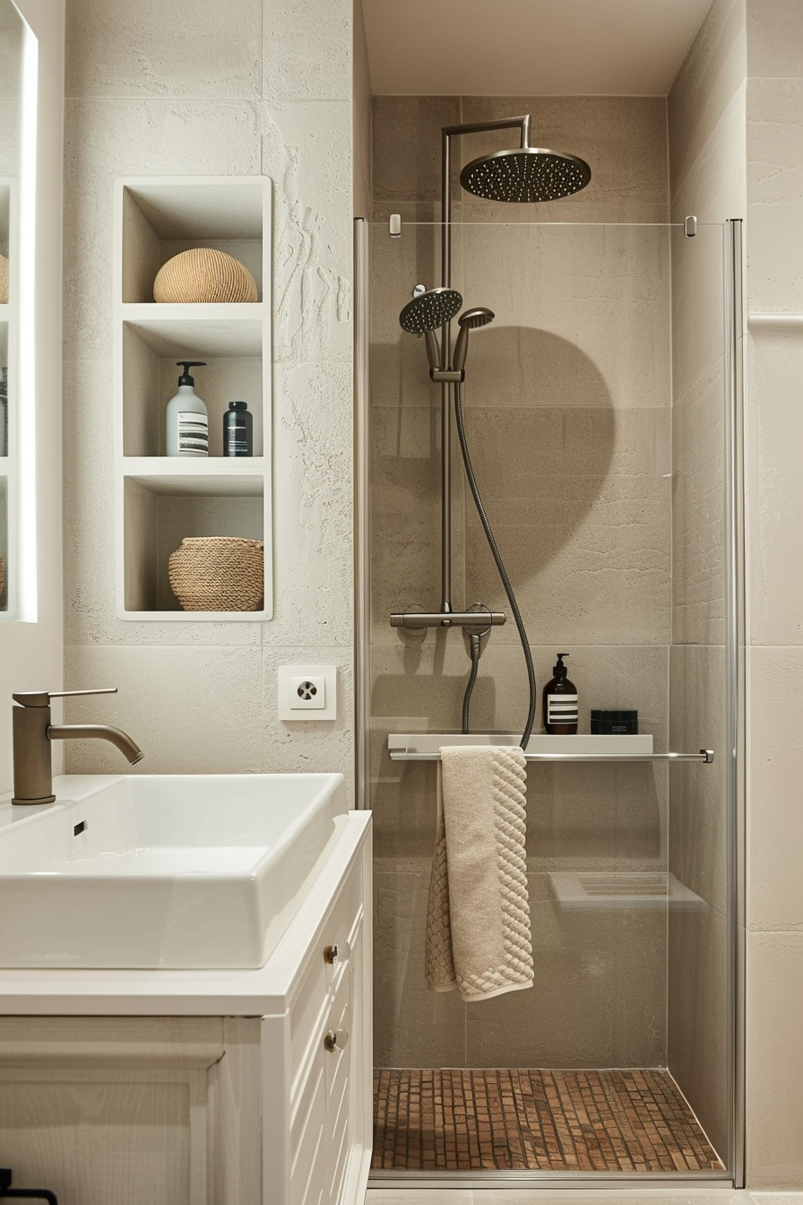 ALT Text: Modern bathroom interior with a glass shower stall, rainfall showerhead, white vanity sink, and decorative shelving.