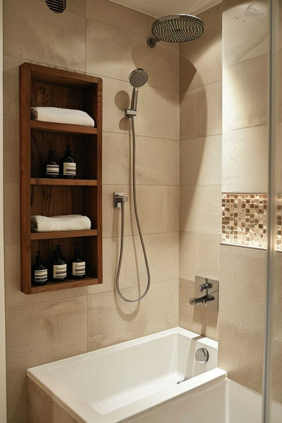 ALT: Modern bathroom with a beige tiled shower, rainfall and handheld showerheads, a wooden shelf with towels and toiletries, beside a white tub.