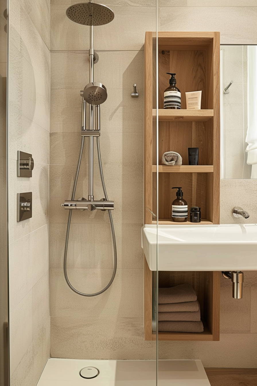 ALT Text: "Modern bathroom corner with a glass-enclosed shower, rain showerhead, wooden shelves with toiletries, and a white sink with towels below."