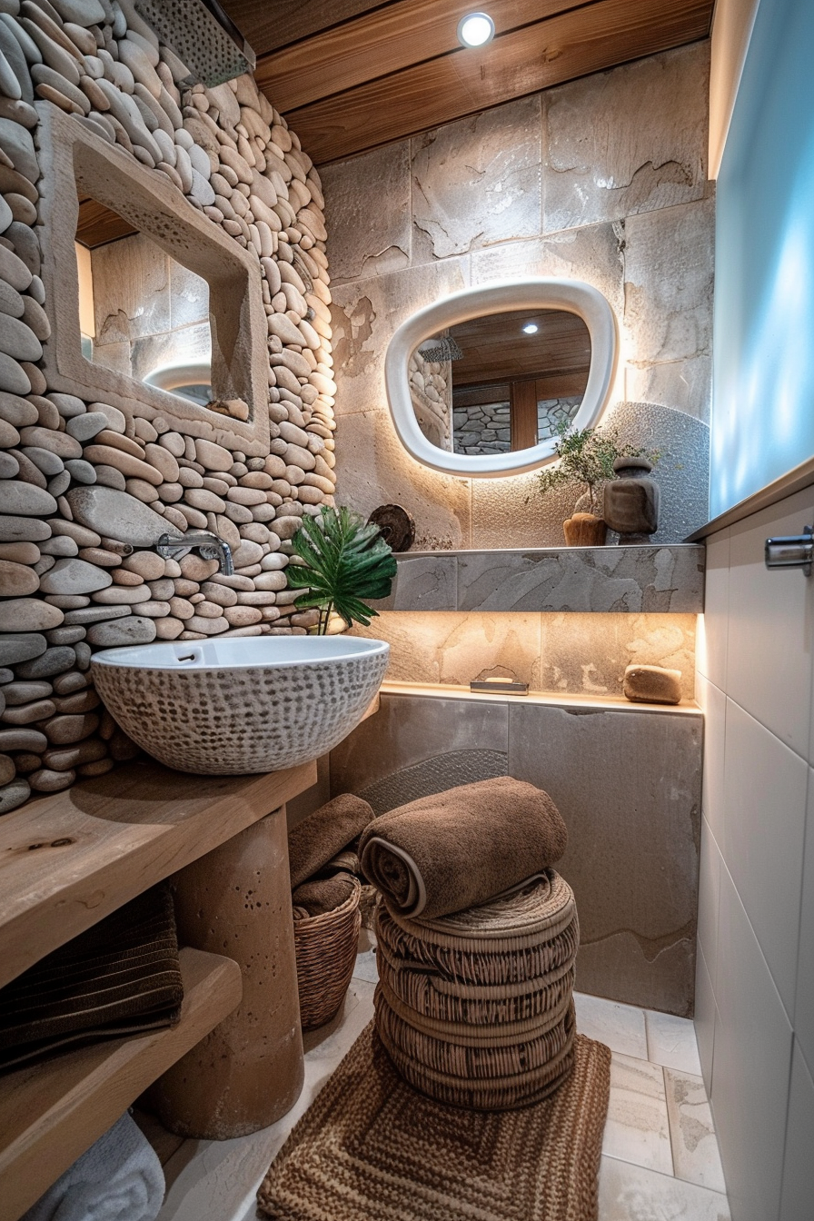 A rustic bathroom with stone wall accents, oval mirror, vessel sink, and towels on a woven stool.