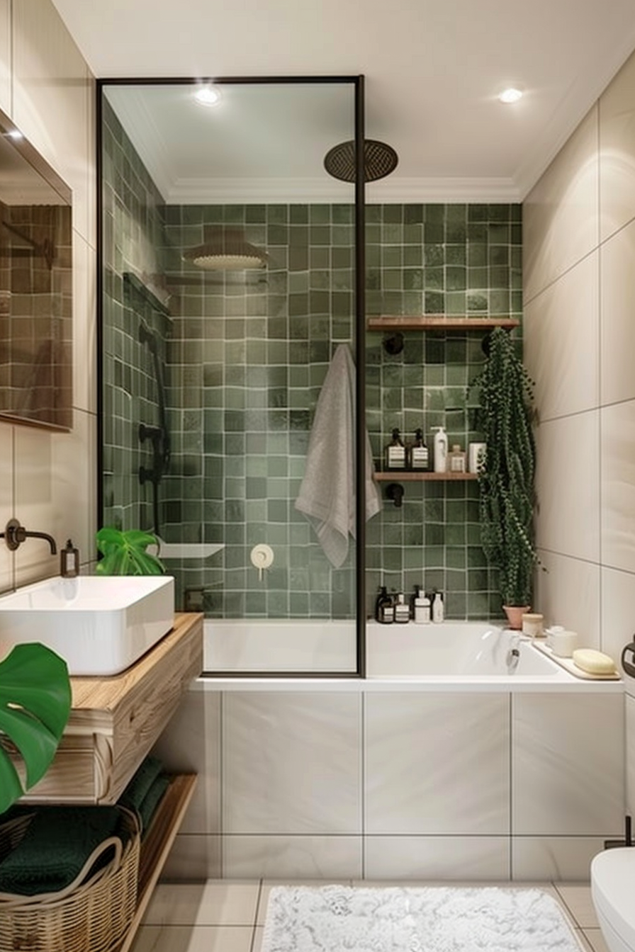Modern bathroom with green subway tiles, glass shower, and wooden vanity.